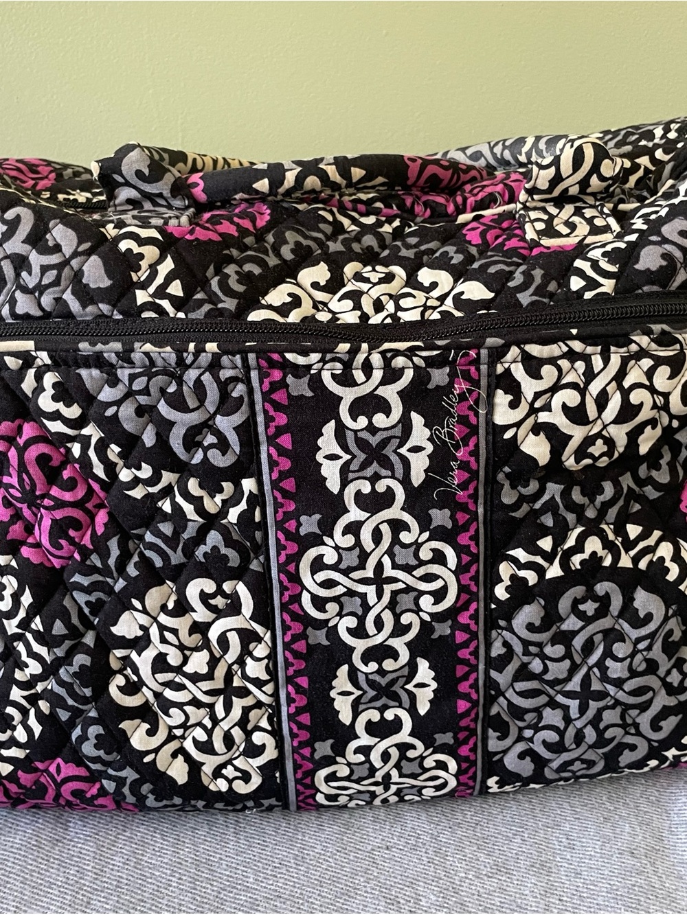 Vera Bradley Quilted Travel Bag in Black, Gray & Pink Damask